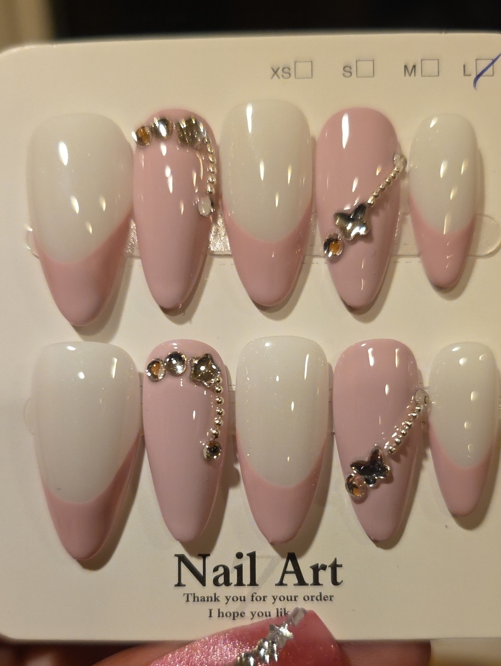 Elegant Pink & White French Tip Press-On Nails Rhinestone Accents Size Large